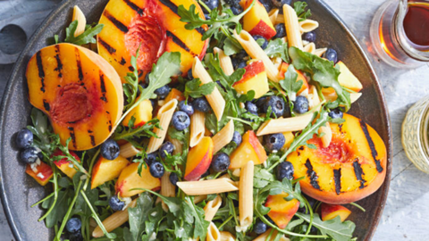 grilled peach and blueberry pasta salad forks over knives